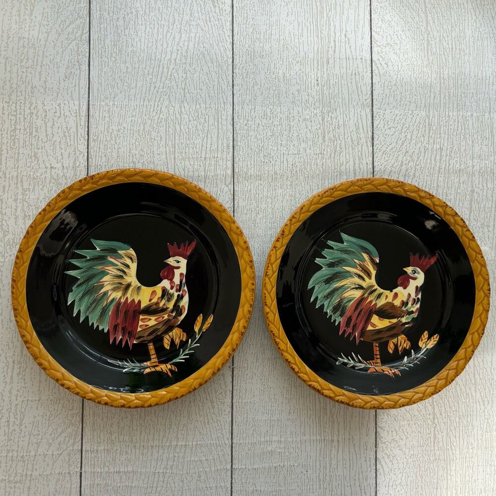 Tabletops Gallery Black Rooster Plate Set of 2 Hand Painted and Hand Crafted
